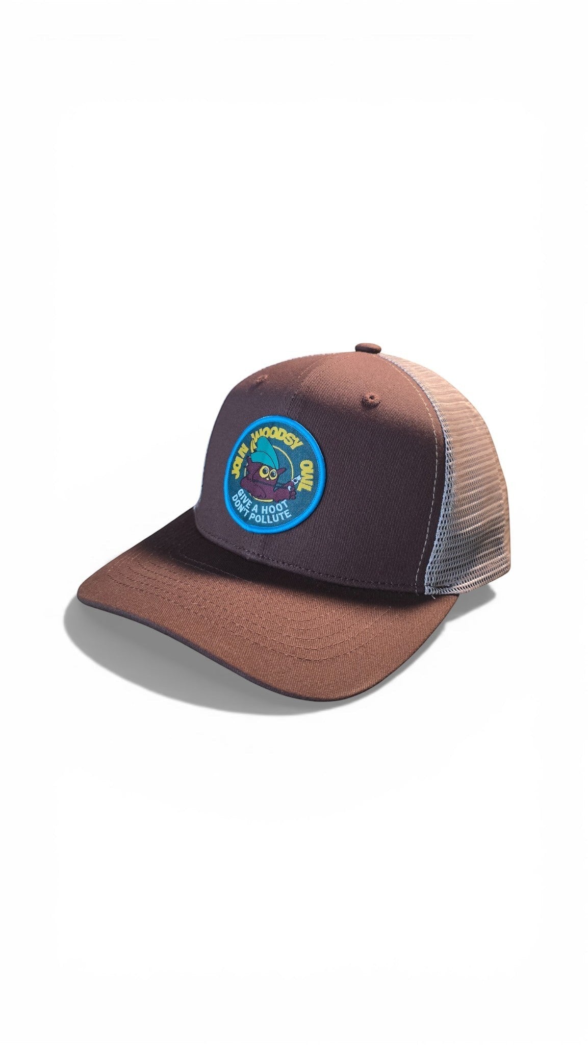 Moove Headwear brown trucker hat with mesh back and Woodsy Owl graphic patch promoting conservation.