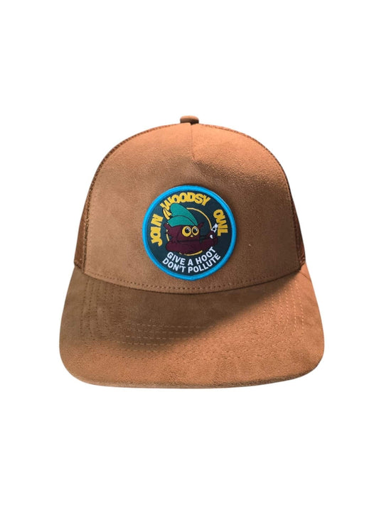 Moove Headwear brown suede trucker hat with Woodsy Owl patch and mesh back panels.