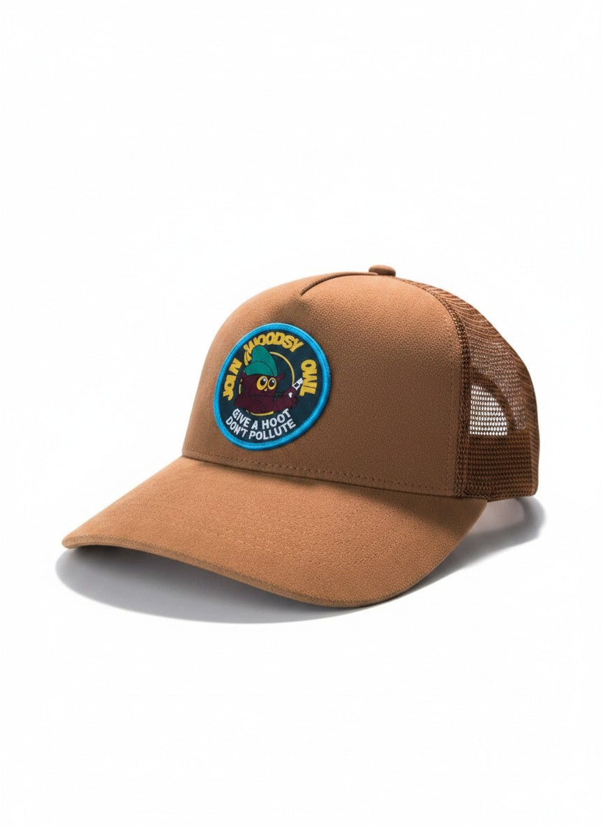 Moove Headwear brown suede trucker hat with Woodsy Owl graphic patch and breathable mesh back.