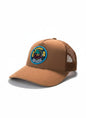 Moove Headwear brown suede trucker hat with Woodsy Owl graphic patch and breathable mesh back.