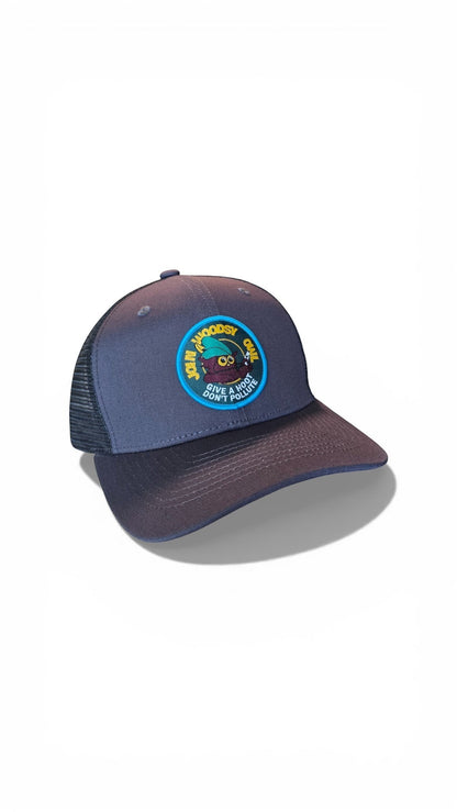 Moove Headwear navy blue trucker hat with a Woodsy Owl patch and breathable mesh back.