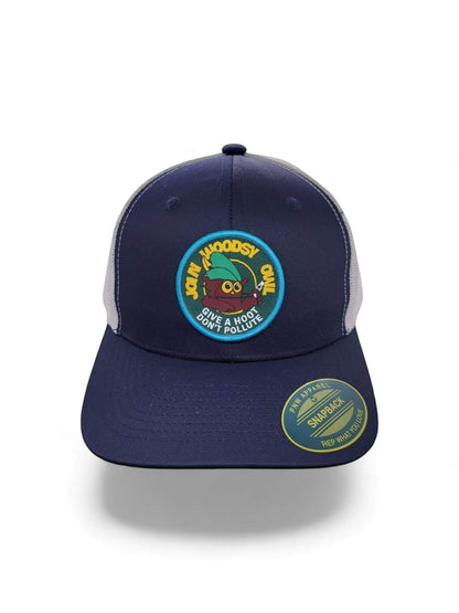 Moove Headwear navy blue trucker hat with a circular Woodsy Owl graphic and mesh back. Adjustable snapback.