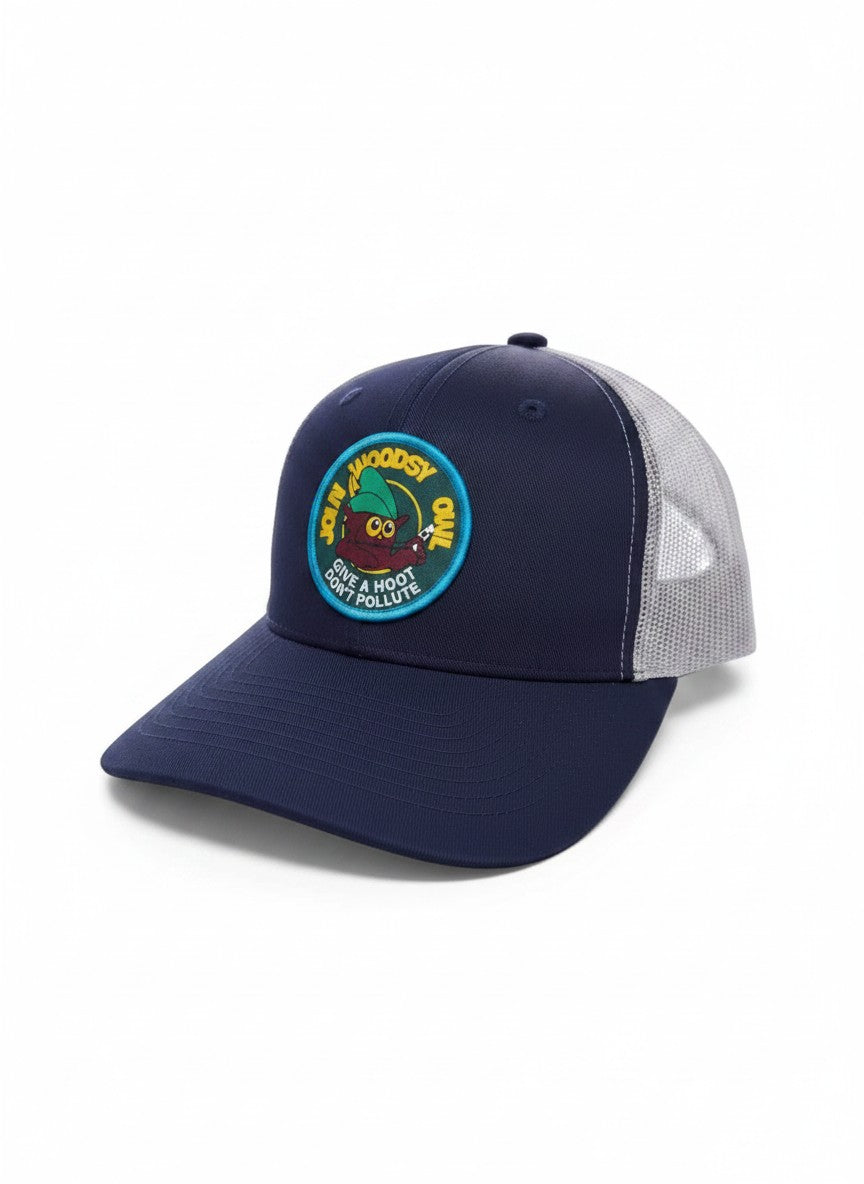 Moove Headwear navy blue trucker hat with a circular Woodsy Owl graphic and mesh back. Adjustable snapback.