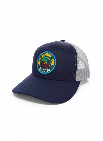 Moove Headwear navy blue trucker hat with a circular Woodsy Owl graphic and mesh back. Adjustable snapback.