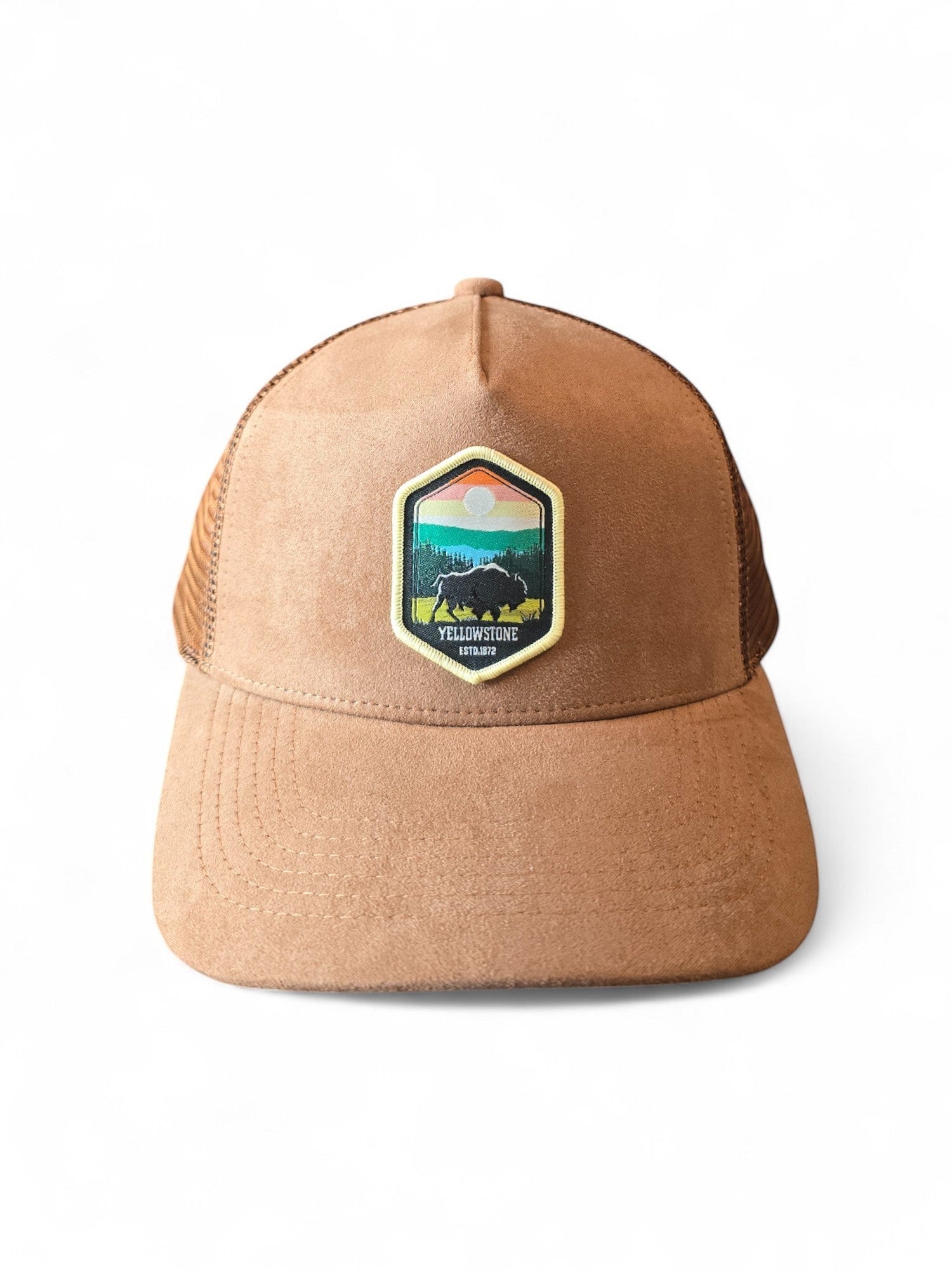 Moove Headwear tan suede trucker hat with Yellowstone National Park buffalo emblem and mesh back.
