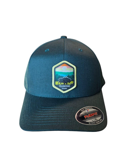 Moove Headwear dark teal fitted baseball cap with Yellowstone National Park embroidered patch featuring a bison and mountains.