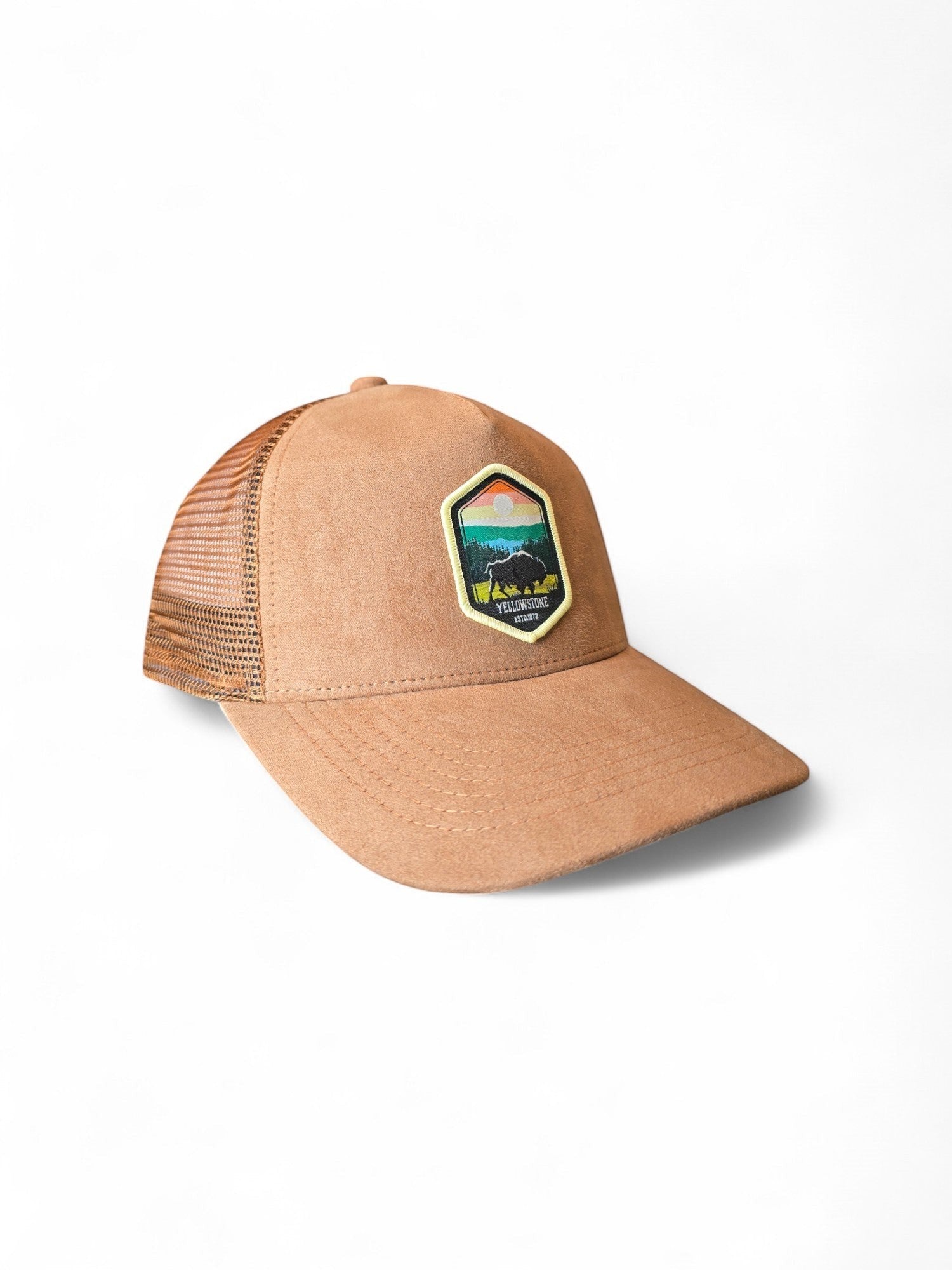 Moove Headwear tan suede trucker hat with Yellowstone National Park patch and mesh back