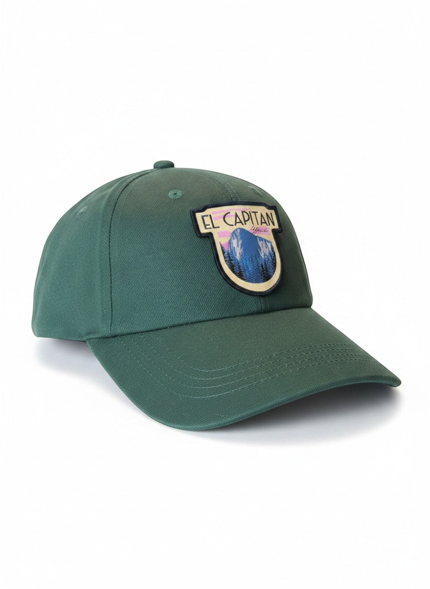 Moove Headwear green dad hat with El Capitan Yosemite embroidered patch on the front.