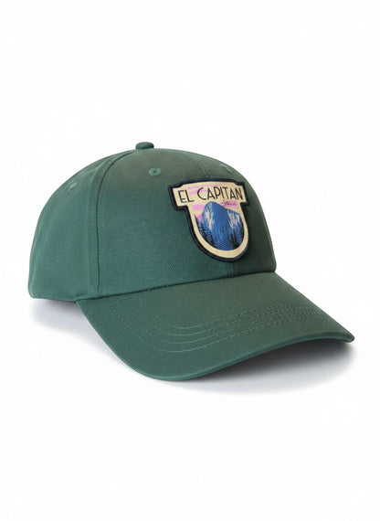 Moove Headwear green dad hat with El Capitan Yosemite embroidered patch on the front.