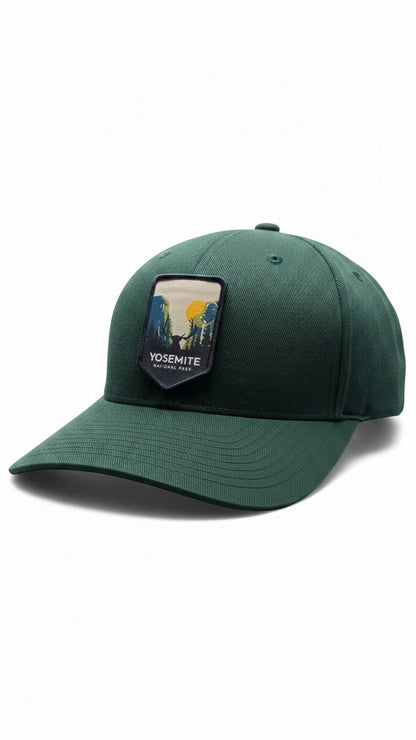 Moove Headwear dark green fitted baseball cap with Yosemite National Park embroidered patch, ideal for hiking.