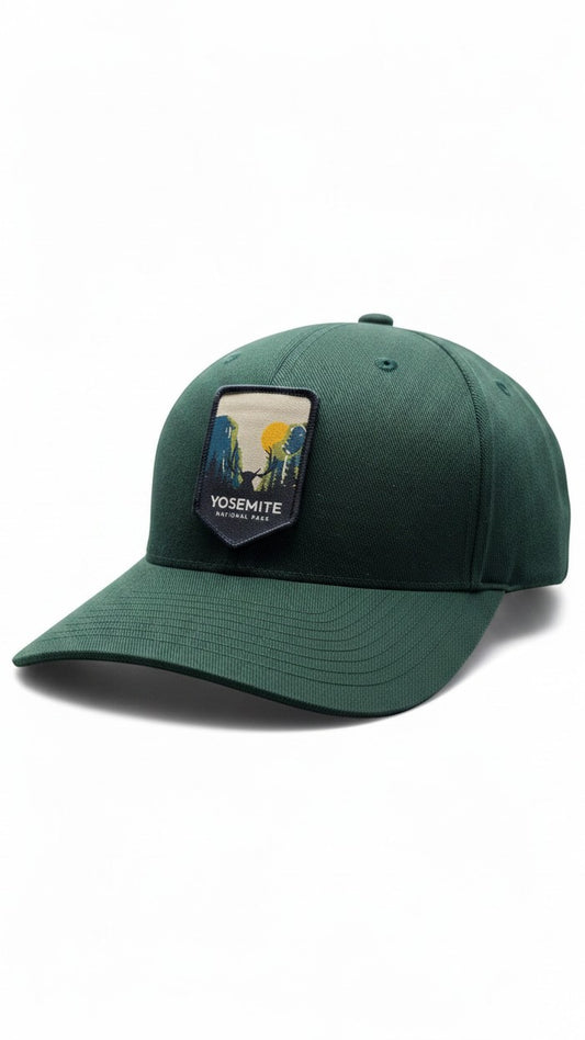 Moove Headwear dark green fitted baseball cap with Yosemite National Park embroidered patch, ideal for hiking.