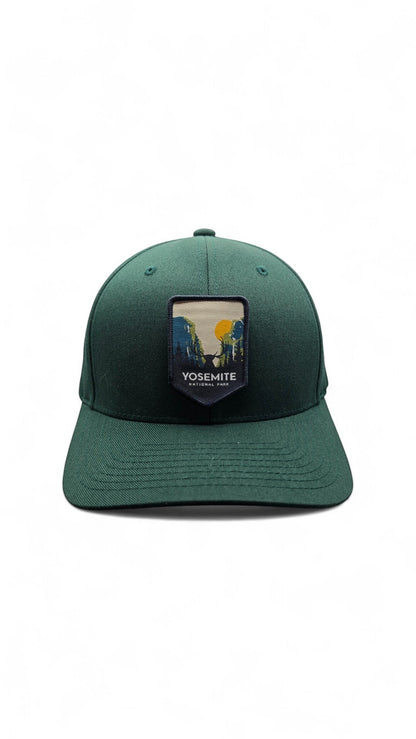 Moove Headwear dark green fitted cap with Yosemite National Park embroidered patch, ideal for hiking and casual wear.