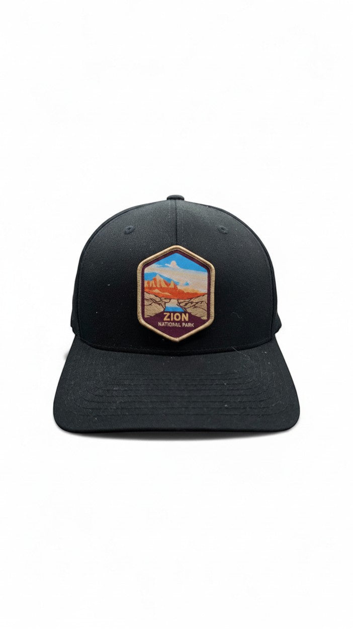 Moove Headwear black adjustable baseball cap with embroidered Zion National Park landscape patch.