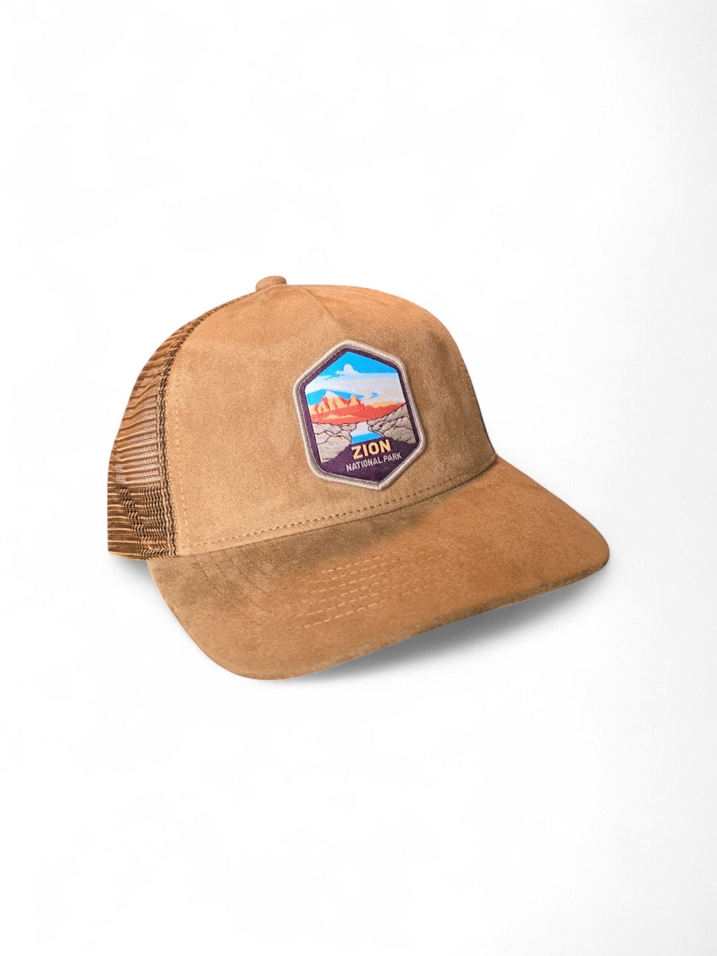 Moove Headwear tan suede mesh baseball cap with embroidered Zion National Park patch. Adjustable snapback for hiking.