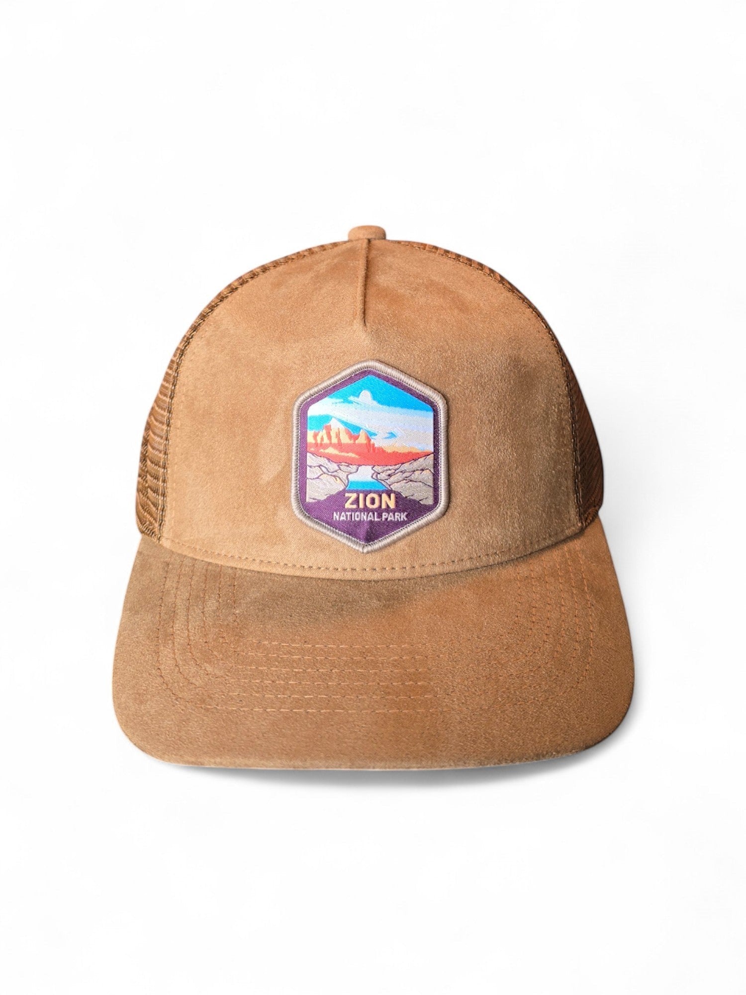 Moove Headwear tan suede mesh baseball cap with Zion National Park embroidered patch. Adjustable snapback.