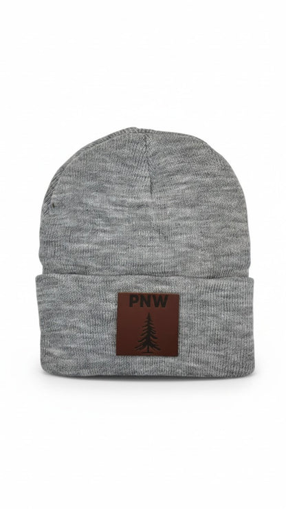 PNW Pine Leather Patch Beanie - Pacific Northwest Knit Cap