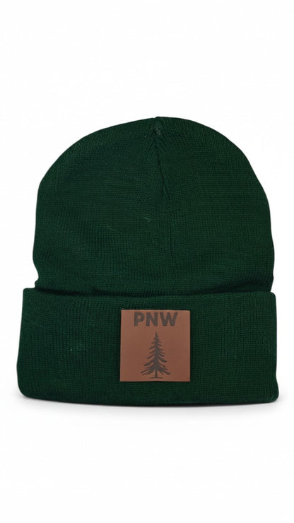 PNW Pine Leather Patch Beanie - Pacific Northwest Knit Cap
