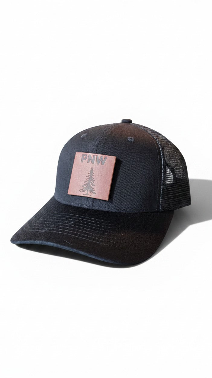 PNW Pine Leather Patch Trucker Hat - Mesh Back Snapback