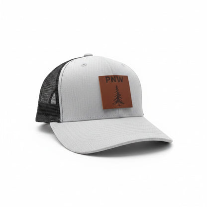 PNW Pine Leather Patch Trucker Hat - Mesh Back Snapback