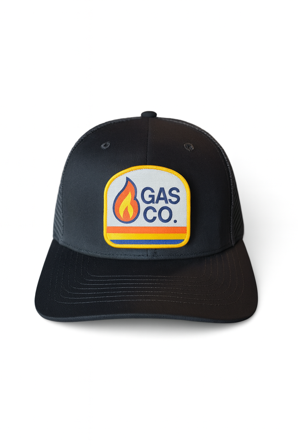 All black retro trucker hat with classic Gas Co. flame patch, mesh back, and snapback fit