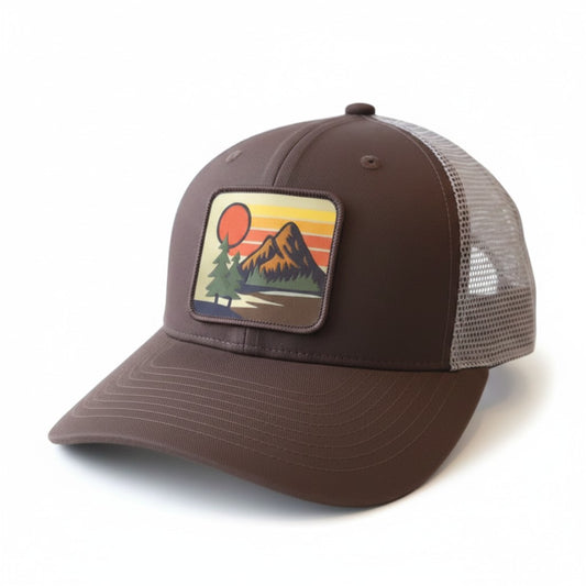 Vintage Mountain Sunset Patch Trucker Hat - Retro Hiking